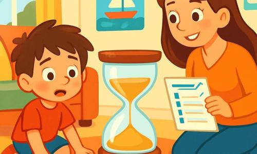 Un niño de 6 años, Lucas, con cabello castaño despeinado y ojos brillantes de curiosidad, está sentado en el suelo, rodeado de juguetes coloridos y libros abiertos. Tiene una expresión de emoción mezclada con un poco de aprensión en su rostro. A su lado, su mamá, una mujer de unos treinta años con cabello largo y castaño, sonríe cálidamente mientras sostiene una lista de actividades. Ella está de rodillas, mirando a Lucas con benevolencia. El decorado es una sala de estar luminosa, llena de cojines suaves, posters coloridos en la pared y una gran ventana que deja entrar la luz del sol. En el centro de la habitación, un gran reloj de arena de vidrio, con arena dorada, indica el tiempo que pasa. Lucas, con una mirada decidida, se prepara para elegir un libro entre los muchos juguetes esparcidos a su alrededor, listo para enfrentar el desafío de pasar menos tiempo frente a las pantallas.