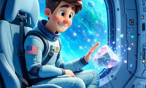 Un uomo di nome Marco, dal viso tondo e sorriso dolce, capelli castani corti, indossa una tuta spaziale azzurro chiaro e ha una piccola coperta sulle ginocchia; è calmo e benevolo e tende la mano verso il finestrino dove fluttua una piccola roccia spaziale animata, coperta di minuscole luci come fiori di ghiaccio che emettono una polvere di stelle rosa pallido che forma animaletti nell'aria; la roccia si trova davanti al grande vetro del cockpit e rallenta danzando nella polvere stellare mentre Marco crea una scia di luce calda e cantabile per guidarla; la navetta è una piccola capsula blu vivo con grandi finestrature arrotondate, sedili imbottiti crema e pannelli di controllo che emanano un tenue bagliore; fuori lo spazio è un indaco profondo punteggiato di stelle multicolori, nubi di polvere scintillante e un piccolo planetoide verde sullo sfondo, atmosfera tenera, pacifica e magica.