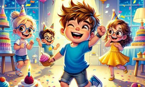 In een kleurrijke feestzaal danst Max, een 7-jarig jongetje met messy bruin haar en een blauwe t-shirt, vrolijk in het midden terwijl hij een roze cupcake vasthoudt. Rechts van hem lacht Sam, een 6-jarig jongetje met ronde bril en blond haar, terwijl hij probeert een grote ballon te vangen die naar het plafond stijgt. Links staat Lisa, een 7-jarig meisje met lang, krullend haar in een gele jurk, die glimlacht terwijl ze een blauwe cupcake vasthoudt, klaar om deze te delen. De ruimte is versierd met kleurrijke slingers en zwevende ballonnen, met een grote houten tafel achterin bedekt met heerlijke, kleurrijke cupcakes. Glimmende confetti ligt verspreid over de vloer en voegt iets toe aan de feestelijke sfeer. Het laat zien hoe Max en zijn vrienden zijn verjaardag vieren, omringd door gelach en vreugde terwijl ze dansen en cupcakes delen, en onvergetelijke herinneringen creëren.