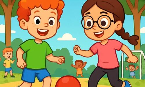 An 8-year-old boy, Oliver, with curly red hair and a big joyful smile, stands in the center of a sunny playground, playing soccer with a bright red ball. He wears a vibrant green t-shirt and blue shorts, and his expression is filled with excitement and determination. Next to him, Mia, a 7-year-old girl with braided brown hair and round glasses, leaps to kick the ball, displaying a radiant smile. She wears a pink t-shirt and black leggings, ready to score a goal. The playground is surrounded by tall trees with shiny green leaves, with children playing in the background. The sky is bright blue, dotted with fluffy white clouds. The scene shows Oliver and Mia playing together, illustrating teamwork and gender equality, as other children cheer them on, creating a joyful and dynamic atmosphere.