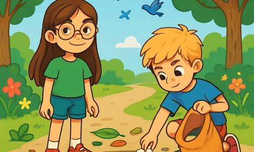 A 10-year-old girl, Sophie, with long brown hair and round glasses, stands by a large puddle sparkling in the sun. She has a determined smile and sparkling eyes, wearing a green t-shirt and denim shorts. Next to her, her friend Max, a 10-year-old boy with messy blonde hair and a blue t-shirt, is picking up litter around the puddle, looking focused and engaged. The setting is a lush park with majestic trees and colorful flowers lining the path. The sky is bright blue, and birds are happily flying above them. The main scene shows Sophie and Max cleaning the puddle, surrounded by leaves and trash, symbolizing their commitment to protecting the environment and combating climate change.