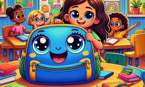 In the center of the image, Mia, a little girl with curly brown hair, carries a colorful backpack filled with books. She has a warm smile and sparkling eyes of excitement, holding a large poster filled with colorful drawings. Next to her, Backpack, a smiling backpack with blue and yellow patterns, seems to vibrate with energy, its zippers open as if ready to share its treasures. A bit further back, Jess, another little girl with round glasses and braids, looks at the poster with admiration. She has a thoughtful expression, her brows slightly furrowed, holding a pencil, ready to add her ideas. The setting is a bright classroom, with walls decorated with children's drawings and windows letting in sunlight. Wooden desks are arranged in a circle, and in the center, a large blackboard displays inspiring words about helping each other. The main scene shows Mia and her friends enthusiastically discussing around the poster, sharing ideas on how to help others and create a space where everyone feels included. The atmosphere is joyful and collaborative, filled with bright colors and positive energy.