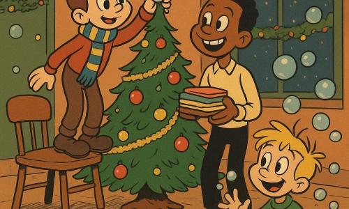 There are 3 characters: Ollie, a 12-year-old boy with tousled brown hair and hazel eyes, wears a blue and gold striped wool scarf. He stands on a chair, delicately placing a small glass reindeer with silver antlers on top of a tall Christmas tree. Max, a 12-year-old boy, tall and thin with a gap-toothed smile, stands next to the chair holding a stack of colorful paper napkins, looking at Ollie with admiration. Jasper, a 12-year-old boy with messy blonde hair, sits on the floor surrounded by floating soap bubbles, laughing and trying to catch a bubble with his hand. The setting is a warm community hall decorated for Christmas, with twinkling string lights in the windows and a large Christmas tree adorned with colorful ornaments and golden garlands. The floor is scattered with some paper napkins and small puddles of soap. The main scene shows Ollie, Max, and Jasper tidying up after a Christmas party, capturing a moment of camaraderie and joy as they place the precious ornament back on the tree, surrounded by soap bubbles gently floating in the air.