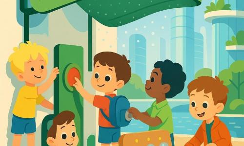 Four boys, all about 4: Milo, short brown hair, small blue backpack, stands center at a green control box pressing a large round button with a focused smile; Ben, messy blond hair, yellow T‑shirt, left of Milo gently pulls a handle to deploy a green canopy; Jay, brown skin and black hair, light green polo, right of Milo turns a silver dial to activate a fine mist; Tom, light brown hair, orange jacket, slightly in front of the bench taps three small lights to start miniature fans, smiling excited. The scene is a small urban park in a futuristic city — smooth sand‑colored sidewalk, light wood rounded bench, green mechanical box on a white wall, glass towers with hanging planters and canals in the distance — a cool corner forms with a deployed green canopy over the bench, translucent mist of tiny droplets, three stylized mini fans indicated by pale blue motion lines, a few smiling passersby under the shade, calm welcoming atmosphere, bright colors and simple shapes.