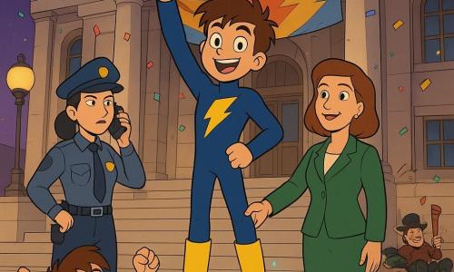 Max Sparks, ~13, smiling and proud with messy brown hair, stands triumphantly on marble city-hall steps in a fitted navy suit with a large yellow lightning on the chest and bright yellow boots emitting soft blue sparks; Chief of Police Luna, ~35, determined, grey-blue uniform, speaks into a walkie on his left; Mayor Willow, ~45, elegant in green, shakes his hand on his right; an ~8-year-old boy and ~7-year-old girl in the crowd, amazed and colorful-clad, mimic his pose; three subdued, nonthreatening villains (one groggy juggler hung on a metal crate) lie near officers in the background; the scene shows a beige stone city hall with white columns, wide marble stairs, colorful banners, art-deco streetlamps, a purple twilight sky with stars, warm city lighting, confetti, and a joyful, reassuring festive victory after a heroic intervention.
