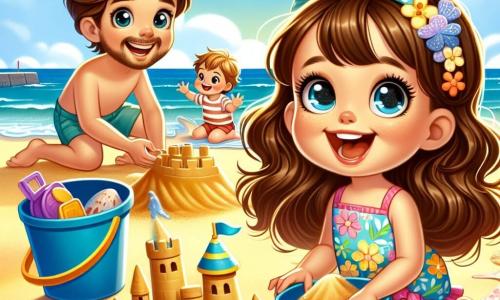 Una bambina di 4 anni, di nome Anna, con lunghi capelli castani e occhi scintillanti di gioia, è seduta sulla sabbia dorata, con un grande sorriso sul volto. Indossa un costume da bagno colorato con motivi floreali e tiene un secchiello blu pieno di conchiglie. Accanto a lei, il suo fratellino Luca, di 2 anni, con capelli biondi arruffati e una faccina rotonda, si diverte a scavare una buca nella sabbia, ridendo a crepapelle. Sullo sfondo, il loro papà, un uomo alto con barba bruna, costruisce un castello di sabbia con torri, mentre la loro mamma, una donna sorridente con capelli castani, stende una grande coperta a quadri per il picnic. Il cielo è di un blu brillante, punteggiato da alcune nuvole bianche, e le onde del mare brillano al sole, creando un'atmosfera estiva gioiosa. La scena mostra Anna e Luca intenti a costruire un grande castello di sabbia, circondati da giocattoli colorati, mentre il mare calmo e il dolce suono delle onde aggiungono magia a questa giornata soleggiata in spiaggia.