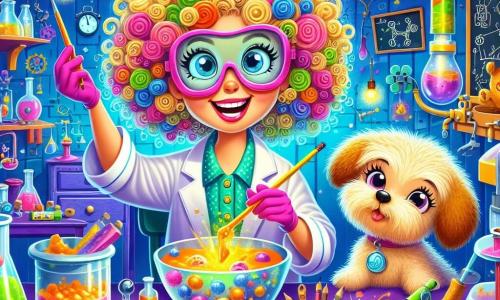 Uma mulher alegre, a Professora Pipa, está no centro da imagem. Ela tem cabelos cacheados e coloridos, vestindo um jaleco azul brilhante e óculos de proteção rosa. Seu rosto brilha com um grande sorriso, seus olhos brilham de excitação enquanto ela monta peças estranhas em seu laboratório. Ao lado dela, um pequeno cachorro de grandes orelhas, chamado Biscuit, observa com curiosidade. Ele tem pelagem marrom claro e usa um pequeno chapéu de cientista, olhando para Pipa com olhos brilhantes de admiração. O laboratório está cheio de cores vivas: prateleiras transbordam de potes de gelatina cintilante, ferramentas brilhantes e máquinas estranhas. Ao fundo, um grande quadro negro está coberto de esboços de invenções malucas, enquanto um velho despertador em forma de batata emite bips divertidos. Na cena, Pipa está misturando ingredientes estranhos em uma grande tigela, enquanto um elástico voa e aciona um pequeno buzzer que faz Biscuit se assustar. A atmosfera é cheia de alegria e criatividade, com risadas e cores vibrantes que tornam o lugar mágico.