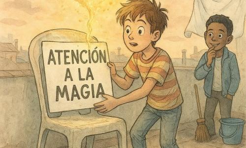 Un niño de 12 años decidido y maravillado, pelo castaño alborotado, camiseta de rayas, vaqueros desgastados y calcetines desparejados, sostiene un gran cartel blanco donde se lee ATENCIÓN A LA MAGIA y lo está pegando al respaldo de una silla de plástico en una azotea; su amigo de unos 12 años, pelo corto y sonrisa traviesa, se queda un poco atrás junto a un tendedero con la mano en la boca; la silla, algo abollada, actúa como personaje secundario con el cartel medio pegado; sobre la silla surge un cojín luminoso dorado, flotante, hecho de hilos de luz con textura de lana; la azotea urbana estrecha al crepúsculo muestra manchas de jabón, sábanas blancas en cuerdas, un cubo azul y una escoba vieja, y al fondo tejados y chimeneas bajo un cielo pastel; ambiente fantasía humorística, tinta fina y acuarela suave, contrastes cálidos alrededor del cojín y pequeños toques cómicos como una paloma sorprendida y el cartel algo inclinado.