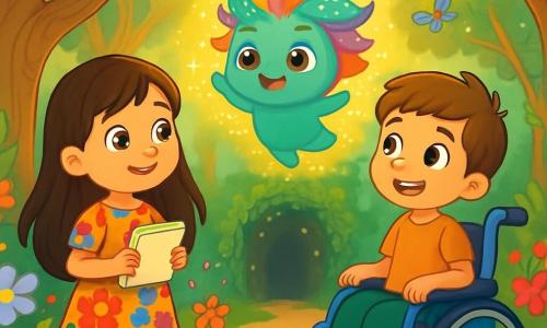 Există 3 personaje: - Ana: o fetiță de 8 ani, cu părul lung și castaniu și ochi strălucitori de curiozitate. Poartă o rochie colorată cu motive florale și ține un carnet în mâini, pregătită să noteze descoperirile. - Alex: un băiat de 9 ani, cu părul șaten și un zâmbet jucăuș. Este așezat în scaunul său cu rotile, decorat cu autocolante cu animale, și se uită în jur cu entuziasm. - Mirko: o creatură magică, mică și rotundă, cu părul strălucitor de culori vii și ochi mari și sclipitori. Plutește ușor deasupra solului, înconjurat de o strălucire aurie, și zâmbește copiilor. Locul se desfășoară într-un parc fermecat, unde copaci mari cu trunchiuri răsucite se înalță spre cer. Flori multicolore cresc peste tot, iar fluturi cu aripi irizate dansează în aer. În fundal, un tunel misterios, acoperit cu liane și lumini sclipitoare, pare să-i invite pe copii să-l exploreze. Situația principală îi arată pe Ana și Alex, uimiți, discutând cu Mirko, care le explică misterul florilor dispărute. Sunt înconjurați de creaturi magice care îi ascultă cu atenție, în timp ce razele soarelui filtrează prin frunze, creând o atmosferă magică și călduroasă.