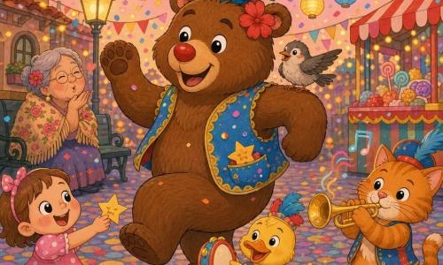 Un gran oso pardo llamado Bruno, con amplia sonrisa y ojos brillantes, lleva un traje de carnaval con plumas azules y una gran flor roja en la oreja, nariz pintada de rojo; baila levantando una pata y tiene una pequeña estrella de papel visible en el bolsillo del chaleco. Un gorrión posado en su hombro izquierdo lo mira invitando a bailar. A la derecha, un gato naranja toca una trompeta dorada sonriendo; un pato amarillo con un panderete marca el ritmo junto a los pies de Bruno. A la izquierda, una niña con vestido rosa de lunares le ofrece una estrella de papel riendo. En un banco, una abuela de pelo gris y chal floreado da un beso bajo farolillos. La calle es un río de colores: adoquines brillantes, guirnaldas rojas y amarillas, puestos de dulces y faroles, y una lluvia de confeti multicolor. La escena central muestra a Bruno en el centro, bailando suavemente bajo el confeti al anochecer, con luz cálida y cielo rosado, ambiente de carnaval.