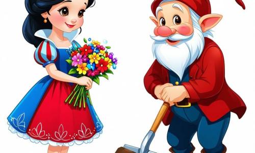 Schneewittchen, ein junges Mädchen mit schwarzen Haaren wie Ebenholz und einer Haut so weiß wie Schnee, steht im Zentrum des Bildes. Sie trägt ein rot-blaues Kleid mit floralen Mustern und ihr Gesicht drückt eine sanfte Entschlossenheit aus. Sie lächelt mit funkelnden Augen vor Freude und hält einen kleinen Strauß bunter Blumen in ihren zarten Händen. An ihrer rechten Seite gräbt ein fröhlicher Zwerg namens Grumpy, etwa 40 Jahre alt, mit einem braunen Bart und einer roten Spitzmütze, den Boden mit einer kleinen Schaufel um. Er schaut Schneewittchen mit einem verschwörerischen Lächeln an, seine Augen leuchten vor Bewunderung. Links von ihr beobachtet eine weise alte Frau, eine der Ältesten des Dorfes, mit grauen Haaren und einem beigen Leinenkleid, die Szene mit einem wohlwollenden Blick. Sie hält einen Korb voller frischer Früchte und Gemüse, bereit, mit anderen zu teilen. Die Szenerie spielt in einer sonnigen Lichtung, umgeben von majestätischen Bäumen mit strahlend grünen Blättern. Bunte Wildblumen säumen den Boden und ein Erdweg schlängelt sich durch den Wald. Die Hauptsituation zeigt Schneewittchen und die Zwerge, die gemeinsam an einem einladenden Weg arbeiten, was die Einheit zwischen Mensch und Natur symbolisiert. Sie lachen und tauschen Ideen aus, während Vögel fröhlich in den Ästen über ihnen singen.