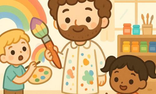 Un artista sonriente y bondadoso, cabello rizado castaño, barba suave y ojos brillantes, con una bata manchada de pintura y un gran pincel colorido pintando un mural; a su izquierda un niño de unos 8 años, pelo rubio corto y mirada maravillada, sostiene una paleta y pinta un arcoíris en la pared; delante, una niña de unos 6 años, coletas negras y rostro concentrado y alegre, pinta un animalito sonriente en una hoja sobre la mesa; el taller es luminoso, con grandes ventanas y cortinas claras, estanterías de madera con botes de pintura y pinceles, salpicaduras en el suelo y una gran mesa de madera al centro; escena de creación colectiva, el guía pinta parte del mural mientras los niños añaden colores, ambiente cálido, colores vivos, formas sencillas y composición alegre.