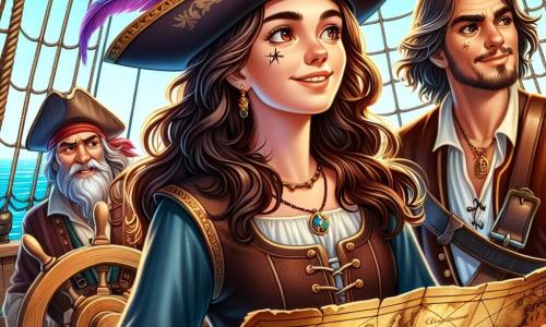 En el centro de la imagen, Isabela, una pirata de unos cuarenta años, se encuentra orgullosamente en la cubierta de su barco, "La Brisa del Alba". Tiene el cabello largo y castaño, ligeramente ondulado, y lleva un sombrero de pirata adornado con plumas coloridas. Su rostro refleja determinación y alegría, con ojos brillantes de coraje mientras observa el horizonte en busca de nuevas aventuras. A su lado, Gabriel, un joven marinero de unos 20 años, con cabello corto y una barba incipiente, sostiene firmemente un mapa antiguo, concentrado y listo para ayudar a Isabela en su búsqueda. Al fondo, Tomás, un hombre de unos cincuenta años con cabello gris y una cicatriz en la mejilla, ajusta las velas del barco con una sonrisa cómplice. Amalia, una joven de unos 25 años con gafas y un cuaderno en la mano, observa las estrellas, lista para descifrar los misterios del cielo. El lugar es un vasto océano de aguas turquesas, con suaves olas e islas verdes en el horizonte. El cielo es de un azul brillante, salpicado de nubes blancas esponjosas, y el sol brilla intensamente, creando reflejos centelleantes en la superficie del agua. La situación principal muestra a Isabela y su alegre equipo en plena preparación para una nueva aventura, rodeados de tesoros brillantes y mapas misteriosos, listos para enfrentar los desafíos que les esperan en el mar.