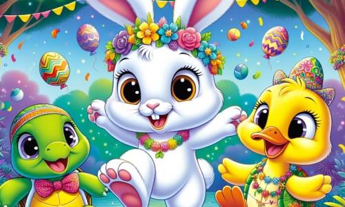 Um coelhinho chamado Pipo, com pelagem branca e grandes orelhas, salta de alegria no meio de uma floresta colorida, seus olhos brilhando de excitação. Ele usa um pequeno chapéu de carnaval decorado com penas coloridas e um colar de flores. Ao seu lado, uma tartaruga chamada Tina, com uma carapaça verde decorada com padrões florais, sorri feliz, seus olhos brilhando de alegria, enquanto dança lentamente. Um pato amarelo, o Pato Pipo, com uma grande pena brilhante na cabeça, ri enquanto se balança, suas asas abertas em sinal de festa. A floresta está cheia de árvores decoradas com guirlandas coloridas e balões flutuantes, enquanto luzes cintilantes iluminam o céu. No chão, confetes multicoloridos criam uma atmosfera festiva. A cena mostra os três amigos dançando juntos, cercados de doces como brigadeiros em uma mesa próxima, simbolizando a alegria e a amizade do carnaval.