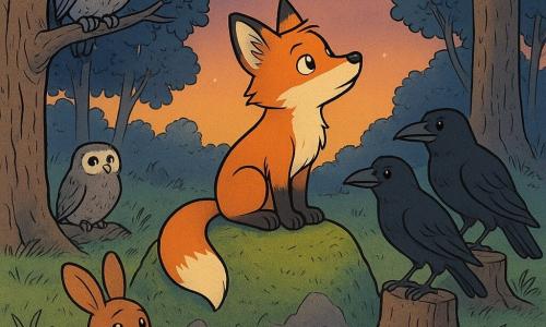 Fino, ein junger Fuchs mit leuchtend rotbraunem Fell und haselnussbraunen Augen, sitzt nachdenklich auf einem moosbewachsenen Felsen und blickt in den dämmernden Himmel; links auf einem hohen Ast sitzt eine alte, rundliche graue Eule mit durchdringenden gelben Augen, rechts auf einer nahen Baumstumpfhälfte teilen zwei glänzend schwarze Raben eine Haselnuss; im Hintergrund sitzt ein alter Dachs mit salz-und-pfefferfarbenem Fell und weißer Schnauze väterlich neben einem Baumstamm und blickt zu Fino, am Fuße des Felsens steht ein zitternder, dankbarer junger Hase mit einer kleinen Karotte, während eine mürrische Mardergestalt im Hintergrund sich entfernt; Ort: Lichtung im Nebelwald bei Dämmerung mit taubenetzten Gräsern, moosigen Steinen, texturierten Baumstämmen und orange-purpurfarbenem Himmel mit den ersten Sternen — ruhiger Tagesausklang, Moment der Besinnung und Versöhnung, sanfte, leicht melancholische Stimmung, warme Farben und starke Kontraste.