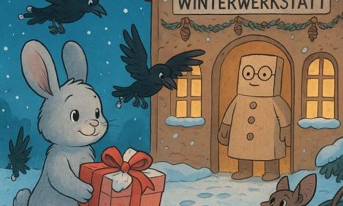 Flirr, eine kleine häschen-bärenartige Gestalt mit perlgrauem, silbrig schimmerndem Fell und leicht zitternden großen Ohren, steht im Schnee und hält eine rechteckige Geschenkbox mit rotem Band und wolkenartigem Tuch; drei glänzende schwarze Glöckchenkrähen mit kleinen silbernen Glöckchen an den Schwanzfedern kreisen neugierig und beschützend um ihn, Pips, eine kleine Fledermaus mit Tannenzweigschal, sitzt rechts auf einem niedrigen Ast und bringt ein grünes Paket mit Blattmuster, während der Paketmeister, eine große Pappfigur mit Stempelfingerarmen und runden Brillengläsern, feierlich aber freundlich in der offenen Tür der Winterwerkstatt wartet; die Werkstatt wirkt wie ein Lebkuchenhäuschen mit Zuckerglasur, biskuitartigen Wänden, goldenen Fenstern und warmem Licht, geschmückt mit Zapfengirlanden und hängenden Schneeflocken; Szenerie: klare Weihnachtsnacht, funkelnder Schnee mit regelmäßigen Abdrücken, silberne Reflexe, innige, gemütlich helle Atmosphäre, Flirr übergibt einen kostbaren Schlafanzug als Symbol der Hoffnung, Bildkomposition zentriert auf dem Austausch zwischen Flirr und dem Paketmeister.