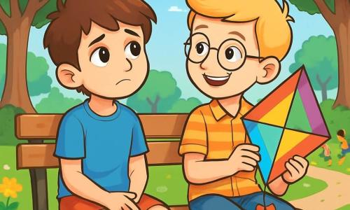 Es gibt zwei Hauptfiguren: Felix, ein 10-jähriger Junge mit braunen Haaren und leuchtenden Augen, trägt ein blaues T-Shirt und eine rote Shorts. Er sitzt auf einer Bank im Park und schaut nachdenklich zum Himmel. Ben, ebenfalls 10 Jahre alt, hat blonde Haare und trägt eine runde Brille. Er ist neben Felix, lächelt und hält einen bunten Drachen in seinen Händen. Die Szene spielt in einem sonnigen Park mit großen grünen Bäumen, bunten Blumen und einem hellblauen Himmel. Ein Kiesweg schlängelt sich durch den Park, und in der Ferne spielen und lachen Kinder. Die Hauptsituation zeigt Felix und Ben auf der Bank, die über Felix' Trennung von seinen Eltern sprechen. Felix hat einen melancholischen Ausdruck, während Ben ihn tröstend anlächelt. Der bunte Drache schwebt sanft im Wind und symbolisiert Hoffnung und Freundschaft trotz der Veränderungen.