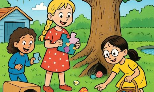 Vier meisjes in een zonnige lentetuin bij een grote knoestige boom: Anna (ongeveer 8) met blonde vlecht en rood-wit gestippelde jurk houdt een puzzelstukje en staat centraal; Lotte (circa 7) met kastanjebruin haar in staartjes en gele jurk draagt een rieten mand en raapt rechts van de boom een gekleurd paasei; Emma (circa 7) met krullend bruin haar en blauwe trui komt uit een kartonnen tunnel links en toont trots een glanzend puzzelstukje; Sophie (ongeveer 8) met steil zwart haar, brilletje en groene jurk wijst op een paaseiverstopplek onder een grote wortel voor de boom; het gras is bezaaid met madeliefjes, er is een vijvertje met plank, een tulpengang en een lichtblauw garage; de meisjes vinden vrolijk kleurrijke paaseieren, hun manden zitten vol, puzzelstukjes liggen verspreid op het gras, heldere stripachtige kleuren en blije gezichten.