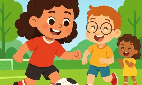 Lily, a young girl with curly brown hair, is wearing a red football jersey and black shorts. She has a radiant smile and sparkling eyes as she enthusiastically dribbles a football on the field. Next to her, Max, a 6-year-old boy in bright red shoes and round glasses, laughs while trying to keep up with Lily. Mia, a 5-year-old girl with curly hair in a yellow dress, claps joyfully from the side of the field. The scene takes place on a vast green football field surrounded by tall trees with vibrant leaves under a clear blue sky with a few white clouds. The main focus is on Lily and her friends playing football together, laughing and encouraging each other, creating a joyful and friendly atmosphere.