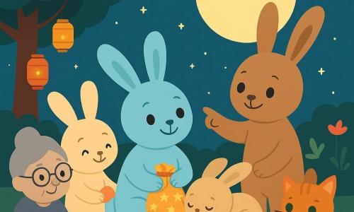 La protagonista es una pequeña coneja azul cielo de largas orejas y sonrisa dulce, sentada en una manta con un bolsito de tela con estrellas doradas; la mamá, coneja crema de rostro cálido, la abraza desde atrás; el papá, conejo castaño claro, señala la luna junto a una mesita; el hermanito Timo, gazapo beige de mejillas rosadas, duerme acurrucado; la abuela, vieja coneja gris con gafas redondas, cuenta una historia sentada; una pequeña gata rojiza de ojos verdes come un trozo de pan bajo un árbol; el jardín nocturno tiene césped, flores pastel, un árbol de copa redonda, farolillos y una gran luna amarillo pálido en un cielo azul oscuro estrellado; la familia se reúne para el Ramadán compartiendo dulces y gestos tiernos en una atmósfera cálida y tranquila.