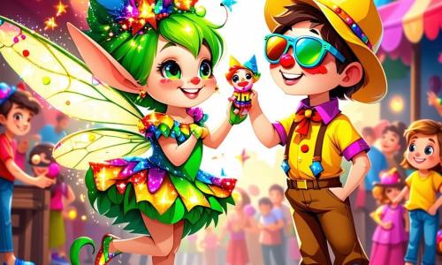 Lila, een klein feeachtig wezen met stralend groene vacht en fonkelende sterrenogen, danst vrolijk midden in een kleurrijk carnaval, met een grote glimlach op haar gezicht. Ze draagt een carnavalskostuum versierd met kleurrijke veren en houdt een kleine clownspop in haar handen. Naast haar staat een jongen met een grote gele pet en zonnebril, stralend van opwinding, die juicht terwijl hij op de plaats springt. Een ander personage, een meisje met krullend haar en een sprankelende roze jurk, lacht luid, terwijl ze dierenballonnen vasthoudt die om hen heen zweven. De achtergrond is een groot, levendig plein, vol feestelijke decoraties: kleurrijke papieren slingers, fonkelende lichten en mensen in flamboyante kostuums die dansen en plezier maken. Confetti valt uit de lucht, wat een magische sfeer toevoegt. De hoofdsituatie toont Lila en haar vrienden in volle viering, omringd door gelach en muziek, terwijl ze snoep delen en samen dansen, wat vreugde en vriendschap belichaamt in het hart van het carnaval.