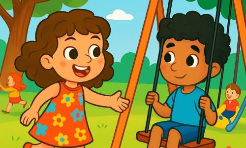 An 8-year-old girl named Lily, with curly brown hair and sparkling eyes full of curiosity, joyfully smiles while playing in a sunny park. She wears a colorful floral dress and reaches out to a boy sitting on a swing, inviting him to join her. The boy, Amir, is about the same age, with curly black hair and slightly tanned skin. He wears a blue t-shirt and shorts, looking at Lily with a shy smile, ready to get up from the swing. The park is lush with large trees, vibrant green leaves, colorful flowers, and a clear blue sky dotted with fluffy white clouds. The main scene shows Lily and Amir, two friends playing together, illustrating the joy of friendship and the discovery of new cultures, while other children play around them, creating an atmosphere of happiness and acceptance.