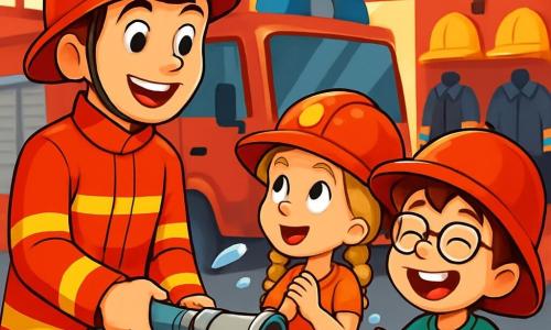 Ein 19-jähriger junger Mann namens Lukas trägt eine leuchtend rote Feuerwehruniform und einen glänzenden Helm. Sein Gesicht strahlt vor Stolz und Aufregung, seine Augen leuchten vor Freude, während er lächelt und einen Feuerwehrschlauch in der Hand hält, bereit, ihn den Kindern zu zeigen. Neben ihm steht ein 8-jähriges Mädchen namens Emma mit geflochtenen blonden Haaren, das mit Staunen zuschaut. Sie trägt eine zu große Feuerwehrmütze, die ihr über die Augen rutscht. Ein 8-jähriger Junge namens Max mit Brille und zerzausten braunen Haaren lacht, während er versucht, Lukas' Helm zu tragen, der zu schwer für ihn ist. Die Szene spielt sich in einer Feuerwehrwache mit roten Wänden, geparkten Feuerwehrfahrzeugen und glänzenden Ausrüstungen an den Wänden ab. Es sind Rettungswerkzeuge und Uniformen zu sehen, die eine dynamische und einladende Atmosphäre schaffen. Lukas erklärt den Kindern, wie man einen Feuerwehrschlauch benutzt, während sie Spaß daran haben, ihn zu bedienen und Wasser um sich herum zu spritzen. Die Stimmung ist fröhlich und energiegeladen, mit Lachen und Wasserspritzern, die die Szene erhellen.