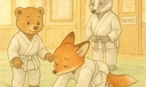 Mara, o vulpiță arămie în kimono alb de judo și centură albă, concentrată și ușor nervoasă cu bărbia spre piept și palmele pe o saltea verde, exersează o ukemi; Radu, un pui de urs brun cu privire timidă dar binevoitoare, stă în stânga ei zâmbind și pregătit să ajute, ușor aplecat; Domnul Barbu, un bursuc bătrân și calm, privește din fundal lângă un panou de anunțuri și corectează blând; sala de judo e încălzită de o lumină aurie prin ferestre largi, cu tatami verzi, pereți din lemn deschis și un poster „Respect” pe o ușă; situație principală: învățarea lină a unei căzături sigure — gesturi prietenoase și atente, atmosferă liniștitoare, expresii tandre, mișcări rotunjite, compoziție în plan mijlociu pentru a arăta acțiunea și ajutorul reciproc.