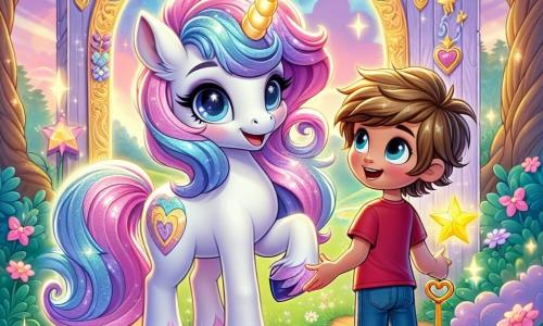Eine wunderschöne Einhorn namens Luna steht majestätisch im Zentrum der Szene. Sie hat ein glänzendes Fell in Pastellfarben und eine wellige Mähne in Rosatönen, Violett und Blau. Ihre großen, funkelnden Augen drücken Weisheit und Freundlichkeit aus, während sie fröhlich lächelt, bereit, ihrem Freund zu helfen. Neben ihr steht Max, ein achtjähriger Junge mit zerzausten braunen Haaren und funkelnden Augen vor Aufregung. Er trägt ein rotes T-Shirt und eine Jeansshorts und hält einen glänzenden goldenen Schlüssel in der Hand. Er sieht Luna bewundernd an, während er auf einem mit bunten Blumen bedeckten Boden steht. Die Kulisse ist ein verzauberter Glitzerwald, in dem die Bäume herzförmige Blätter haben und im Sonnenlicht strahlen. Leuchtende Blumen strahlen Licht aus und schaffen eine magische, märchenhafte Atmosphäre. Die Hauptsituation zeigt Max und Luna, die sich darauf vorbereiten, eine große funkelnde Tür mit Sternen zu öffnen, die zu einer geheimnisvollen und wunderbaren Dimension führt. Die Aufregung und Vorfreude sind spürbar, während sie sich darauf vorbereiten, gemeinsam ein unglaubliches Abenteuer zu erleben.