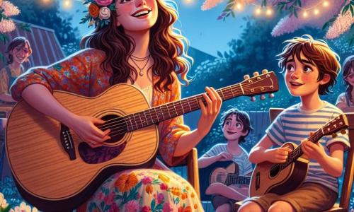 Clara, una mujer de unos treinta años con cabello largo y ondulado, lleva un vestido colorido y sonríe alegremente, sentada en una silla de madera en un jardín florecido. Sostiene una guitarra acústica, con los ojos brillantes de pasión y emoción mientras canta una canción para sus amigos. A su lado, Diego, un niño de diez años con cabello castaño desordenado, lleva una camiseta a rayas y un short. Está de pie, sosteniendo una guitarra pequeña, con los ojos abiertos de admiración, listo para tocar su propia canción. El jardín está lleno de flores brillantes y coloridas, con guirnaldas luminosas colgadas de las ramas de los árboles, creando una atmósfera mágica al atardecer. La escena principal muestra a Clara y Diego compartiendo un momento musical especial, rodeados de risas y aplausos de sus amigos, celebrando la alegría de la música y la amistad.