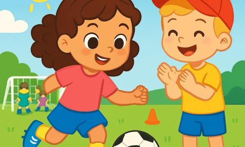 A 4-year-old girl named Mia, with curly brown hair and sparkling eyes, is gently tapping a soccer ball with her foot. She wears shiny soccer shoes with blue laces and a bright smile, showing her excitement and determination. Next to her, a 5-year-old boy named Theo, with blonde hair and a red cap, is clapping and smiling, encouraging Mia. In the background, a green soccer field is surrounded by orange cones and the laughter of other children playing. The sky is blue and sunny, creating a joyful and dynamic atmosphere. The scene shows Mia preparing to shoot towards the goal, with a focused and enthusiastic expression, ready to score.