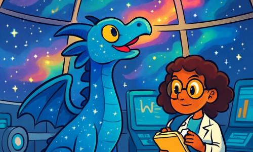 Luno, um dragão azul cintilante com escamas brilhantes como estrelas, está no centro da cúpula da estação espacial Aurora, com os olhos dourados arregalados de empolgação e curiosidade. Ele observa maravilhado as luzes coloridas dançantes do lado de fora, com seu longo pescoço curvado em direção ao céu estrelado. Ao seu lado, a Dra. Lira, uma cientista humana de cabelos cacheados e óculos redondos, observa as luzes com uma expressão de concentração, segurando um caderno de anotações nas mãos. Ela está inclinada sobre uma tela de controle, cercada por gráficos luminosos. O local é uma cúpula de vidro transparente, oferecendo uma vista panorâmica da imensidão do espaço, salpicada de estrelas cintilantes e nebulosas coloridas. Equipamentos futuristas e telas holográficas iluminam a sala, criando uma atmosfera tecnológica e mágica. A cena principal mostra Luno, intrigado e determinado, pronto para explorar os mistérios das luzes estranhas que dançam do lado de fora, enquanto a Dra. Lira tenta decifrar os sinais misteriosos em sua tela.