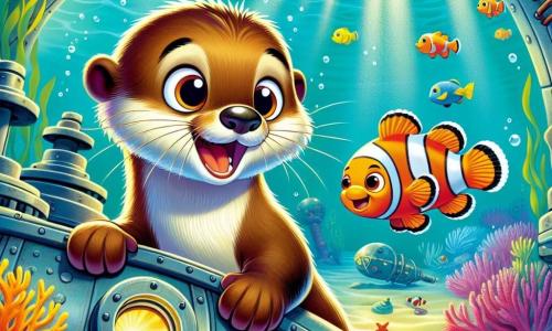 A young otter named Oliver, with sparkling curious eyes and soft brown fur, stands inside an ancient submarine, marveling at the underwater wonders surrounding him. He excitedly looks through the porthole, his little paws resting on the dashboard, as a soft light illuminates his joyful face. Next to him, a colorful clownfish with bright orange and white stripes swims happily, its round mischievous eyes reflecting Oliver's enthusiasm. It dances around the submarine, adding a touch of magic to the scene. The setting is a vast ocean filled with vibrant corals and shimmering fish, where rays of light filter through the clear water, illuminating the strange shapes and bright colors of marine creatures. Seaweed gently sways, creating a lively and dynamic tableau. The main scene shows Oliver, in awe, discovering an ancient treasure buried beneath the waves, surrounded by sparkling crystals and mysterious ruins, while air bubbles float around him, adding an atmosphere of magic and adventure to this underwater exploration.