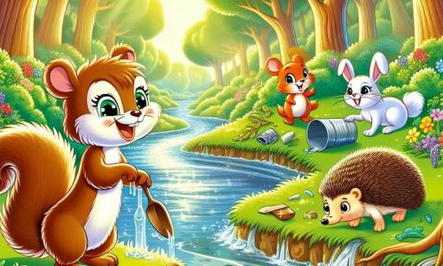 A little squirrel named Sammy, with big bright eyes and a bushy tail, joyfully stands by a sparkling stream, proudly smiling as he admires the clear water. Next to him, a small rabbit named Bella, with long soft ears, looks on enthusiastically, her eyes sparkling with determination, holding a piece of plastic she just picked up. A hedgehog named Harry, with his back covered in spines, leans down to pick up an old can, wearing a focused and serious expression. The stream winds through a lush forest, surrounded by majestic trees with vibrant green leaves and colorful flowers dancing in the breeze. The scene is filled with golden light, creating a joyful and welcoming atmosphere. Sammy and his friends work together to clean the stream, collecting litter while laughing and encouraging each other, transforming their environment into a clean and beautiful place.