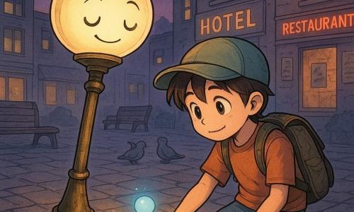 Un lampadar antropomorfic vintage (personaj principal) cu glob de sticlă ușor opalin, stâlp din alamă patinată, expresie caldă și mândră, emite o lumină aurie blândă în raze; se apleacă ușor ca să vegheze și varsă lumina într-un cerc gravat în piatra pavelei. Un băiat de 9 ani (personaj secundar), păr brun, șapcă verde, rucsac uzat, zâmbet timid și uimit, este în genunchi lângă simbol cu mâna pe steaua gravată, privind spre lumină. O scânteie plutitoare bleu pal (personaj secundar), rotundă ca o bilă, pâlpâie deasupra cercului, între lampadar și băiat. Piața pavată la crepuscul are dale gri uzate, un cerc gravat cu o stea în relief, bănci de lemn, porumbei liniștiți și afișe îngălbenite pe ziduri; în fundal fațade retro anii '70, reclame neon estompate, ferestre calde cu draperii trase, cer violet-roz cu stele timide. Atmosfera e magică și pașnică, contrastând culori calde (galben-oranj) și reci (albastru-azuriu), umbre lungi și contururi moi; scena sugerează lampadarul întorcând lumina către simbol în timp ce băiatul veghează — un moment de întoarcere, prietenie și protecție împărtășită. Solicitare: randare clară, culori saturate dar blânde, tușe simple manga, texturi detaliate de sticlă, alamă și piatră.