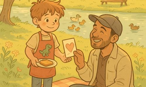 An 8-year-old boy with a round face, tousled light brown hair, bright eyes and a shy smile wears a red apron with a small dinosaur and offers a small plate of toast and a handmade card reading 