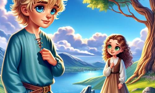 Eirik, a young boy of about 12 with blonde hair and sparkling curious eyes, stands on a green hill. He wears a slightly wrinkled blue linen tunic and leather pants. His face shows gentle determination as he looks hopefully at a girl named Mira, who is around 10 years old. Mira, with curly brown hair, is dressed in a simple beige fabric dress, her eyes shining with a mix of shyness and wonder. She stands near an old oak tree, her hands on her heart, ready to speak for the first time. The scene is set on a hill overlooking a shimmering fjord, surrounded by majestic mountains and fluffy clouds. The sky is bright blue with a few white clouds, and the sun shines, bathing the landscape in a soft golden light. The main situation shows Eirik encouraging Mira to express her thoughts, while a gentle breeze makes the grass dance around them. Eirik, with a warm smile, speaks softly to her, as Mira, nervous yet determined, prepares to find her voice.