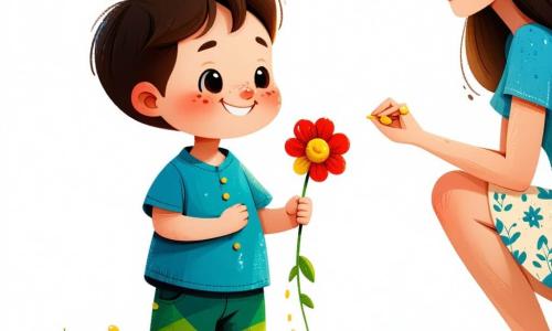 Een vrolijk 2-jarige jongen met rond gezicht, kort bruin haar en roze wangetjes houdt een grote rood-gele bloem; hij draagt een blauwe korte mouws blouse en groene short, rechtop kijkend naar zijn moeder. De moeder, rond 30, met lang kastanjebruin haar en een lichte bloemenjurk knielt voor hem met open armen en een tedere glimlach. Een rood eekhoorntje op een lage tak kijkt nieuwsgierig toe; op de achtergrond een zonnige tuin met felgroen gras, enkele vlinders en een kleine glinsterende plas. De scène is warm, eenvoudig en zoet, met krachtige contouren en felle kleuren, gecentreerd op het overhandigen van de bloem.