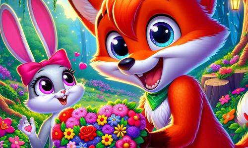 In een betoverende open plek glimlacht een jonge vos genaamd Vinnie, met een stralende oranje vacht en een klein wit puntje op zijn staart, terwijl hij een prachtige hart van kleurrijke bloemen vasthoudt. Zijn grote ogen stralen van opwinding terwijl hij zich voorbereidt om zijn vriendin te verrassen. Naast hem kijkt Lila, een schattig klein konijn met lange witte oren, naar Vinnie met verwonderde ogen. Ze draagt een klein roze strikje om haar nek en haar kleine pootje is omhoog, klaar om te applaudisseren voor de verrassing. De scène speelt zich af in een magisch bos, omringd door dikke bomen met weelderig groene bladeren en overal bloeien kleurrijke bloemen, terwijl vuurvliegjes in de lucht flonkerend een feeërieke sfeer creëren. Vinnie en Lila delen een blije moment, waarbij Vinnie zijn speciale cadeau voor Valentijnsdag onthult, een bloemenhart, terwijl Lila van blijdschap juicht en hun vriendschap viert.