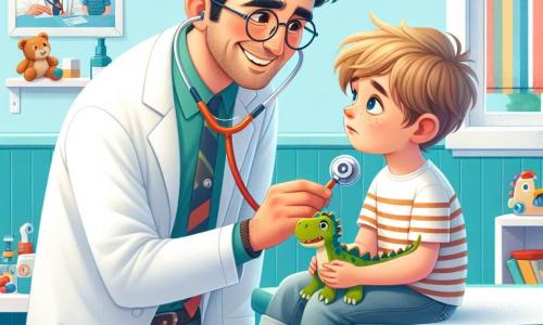 O personagem principal é um homem, o Dr. João, um médico sorridente de cerca de trinta anos, com cabelos castanhos e óculos redondos. Ele usa um jaleco branco e um estetoscópio ao redor do pescoço, inclinando-se com benevolência em direção a um garotinho. O garotinho, Lucas, tem cerca de 6 anos, cabelos loiros bagunçados e um rosto preocupado. Ele está sentado em uma mesa de exame, segurando um brinquedo em forma de dinossauro, olhando para o Dr. João com olhos curiosos. A cena ocorre em uma clínica clara e colorida, com paredes pintadas de azul pastel e cartazes de desenhos animados sobre saúde. Brinquedos e livros estão espalhados pela sala, criando uma atmosfera calorosa e acolhedora. O Dr. João examina Lucas com um estetoscópio, enquanto fala suavemente para tranquilizá-lo. Lucas, embora ligeiramente preocupado, começa a sorrir ao ouvir as palavras reconfortantes do médico.