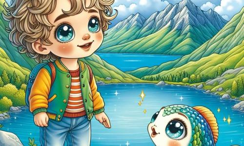 Um garotinho de 2 anos, Léo, com cabelos cacheados e olhos brilhantes de curiosidade, está no topo de uma montanha. Ele veste uma jaqueta colorida e uma calça jeans, sorrindo maravilhado ao olhar para um lago cintilante abaixo. Ao seu lado, um peixinho de escamas brilhantes nada na água calma, curioso com a presença de Léo. A paisagem é majestosa, com montanhas verdes cercando um lago azul claro, e o céu é de um azul radiante salpicado de nuvens brancas e fofas. Léo, com um olhar sonhador, se inclina para frente, ouvindo o peixinho que lhe fala sobre a beleza do mundo e a importância de ouvir seu coração.