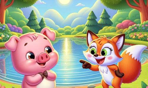 Un porc fericit pe nume Pufi, cu blană roz și ochi curioși, stă pe marginea unui lac strălucitor, zâmbind și pregătindu-se să înceapă o aventură. Lângă el, o vulpe jucăușă pe nume Vicky, cu blană portocalie și ochi isteți, îl încurajează cu un zâmbet larg, gesticulând cu labele din față pentru a-i arăta cât de distractiv este să se joace aproape de apă. Lacul este înconjurat de copaci majestuoși cu frunze verzi strălucitoare, iar flori colorate împodobesc malul, creând o atmosferă magică și primitoare. În această scenă, Pufi ezită pentru un moment, dar Vicky îl încurajează cu entuziasm, iar împreună se pregătesc să trăiască o aventură de neuitat pe malul apei.