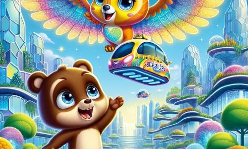 Bruno, un pequeño oso marrón con ojos brillantes y pelaje suave, se encuentra maravillado en medio de una ciudad futurista, con los brazos levantados hacia el cielo y una gran sonrisa en su rostro. A su lado, Aerius, un taxi volador en forma de ave gigante, tiene un color vivo y alas brillantes, mostrando una expresión amigable y entusiasta, listo para despegar. El escenario es una ciudad luminosa, con edificios de vidrio de formas orgánicas, jardines colgantes llenos de flores coloridas y coches voladores zumbando en el cielo azul. Paneles solares brillan al sol, añadiendo un toque de modernidad a este paisaje de ensueño. La escena representa a Bruno y Aerius preparándose para volar en el cielo, rodeados de luces centelleantes y una atmósfera de magia y aventura, simbolizando la promesa de una nueva exploración.