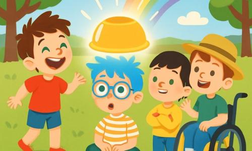 Er zijn 4 kinderen: Pepijn: een 7-jarig jongen met rommelig bruin haar en een grote glimlach. Hij draagt een rood T-shirt en blauwe shorts. Hij staat rechtop en lacht luid. Bram: een 8-jarig jongen met blond haar en ronde bril. Hij draagt een gestreepte shirt en groene broek. Hij zit op de grond met de lichtgevende kom op zijn hoofd en toont een verraste uitdrukking. Tijn: een 6-jarig jongen met zwart haar en sproeten. Hij draagt een gele trui en jeans. Hij staat naast Bram met zijn armen gekruist en kijkt nieuwsgierig naar de kom. Joep: een 7-jarig jongen in een rolstoel met kastanjebruin haar en een strohoed. Hij glimlacht en zwaait naar de kom terwijl hij iets verder weg zit. De locatie is een uitgestrekt groen veld met kleurrijke bloemen en majestueuze bomen onder een heldere blauwe lucht. In de verte zijn er glooiende heuvels en een schitterende regenboog. De belangrijkste situatie toont het moment waarop de lichtgevende kom, die net is gerold, op het hoofd van Bram landt en hem verandert door hem stralend blauwe haren te geven. De kinderen lachen vrolijk, wat een sfeer van magie en plezier creëert.