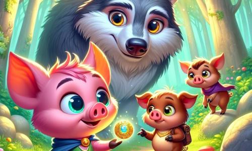 In der Mitte des Bildes steht Niff, eines der drei kleinen Schweinchen, ein kleines rosa Schwein mit funkelnden Augen und runden Wangen. Er zeigt einen Ausdruck von Staunen und Neugier, während er ein glänzendes Amulett in seinen kleinen Pfoten hält. Neben ihm steht Naff, ein weiteres kleines Schwein, ein braunes Schwein mit hängenden Ohren und einem schelmischen Lächeln, das auf den Weg zur Wald zeigt. Nuff, das dritte Schwein, ist ein graues Schwein mit robuster Statur, das im Hintergrund steht und mit einem ernsten und beschützenden Ausdruck beobachtet. Im Hintergrund schaut ein großer grauer Wolf mit weisen Augen und einem freundlichen Gesichtsausdruck wohlwollend zu, während er auf einem Stein sitzt. Die Szenerie ist eine verzauberte Lichtung, umgeben von majestätischen Bäumen mit leuchtend grünen Blättern und bunten Blumen, die im Wind tanzen. Die Sonne scheint durch die Äste und erzeugt goldene Lichtreflexe auf dem Boden. Die Hauptsituation zeigt Niff mit dem Amulett, während die anderen Schweinchen und der Wolf sich um ihn versammeln, alle von der Magie des Objekts fasziniert. Die Atmosphäre ist fröhlich und abenteuerlich, mit lebendigen Farben und bezaubernden Details, die an eine Märchenwelt erinnern.