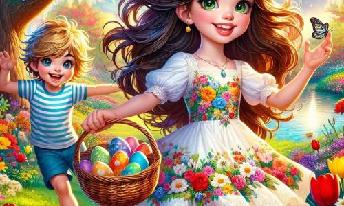 Una niña de 12 años, Martina, con largos cabellos castaños y ojos llenos de curiosidad, sonríe con entusiasmo mientras sostiene una bonita cesta de mimbre llena de huevos de colores. Lleva un vestido primaveral de flores, ligero y alegre, y está en el centro de un jardín vibrante de colores. A su lado, su hermano pequeño Nico, de 6 años, con el cabello rubio alborotado y una expresión traviesa, corre tras una mariposa de papel, riendo a carcajadas. Lleva una camiseta a rayas y un short azul, y está justo a su derecha, con los brazos levantados hacia el cielo. Al fondo, un gran roble majestuoso, con sus ramas cargadas de flores blancas, ofrece sombra. Tulipanes rojos, narcisos amarillos y margaritas blancas forman una colorida alfombra a su alrededor, mientras que un pequeño estanque brilla al sol, donde nadan patos. La escena representa el momento en que Martina descubre un mapa misterioso con el dibujo de un árbol, un conejo y una puerta en miniatura, preparándola para una mágica e inolvidable búsqueda de huevos.
