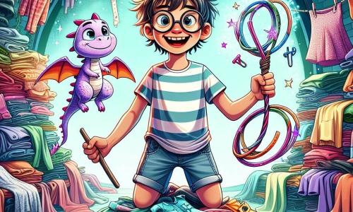 Un niño de 12 años, con el cabello despeinado y gafas redondas, está en la cima de una montaña de ropa colorida, con una sonrisa maravillada en su rostro y los ojos brillantes de emoción. Lleva una camiseta a rayas y un short de mezclilla, y sostiene una varita torcida hecha de varas y clips. A su lado, un pequeño dragón lavanda, con escamas brillantes y ojos chispeantes, flota en el aire, alegre y entusiasta, listo para animarlo. Al fondo, una sala circular hecha de ropa apilada, con tejidos de patrones variados y colores vivos, crea una atmósfera mágica y lúdica. La escena principal muestra al niño y al dragón preparándose para enfrentar un desafío divertido, rodeados de ropa danzante que parece cobrar vida, añadiendo un toque de fantasía humorística a la escena.