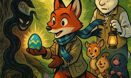 Fynn der Fuchs (Hauptfigur): junger rotgoldener Fuchs mit glänzendem Fell, lebhaften Augen und sanft entschlossener Miene, steht auf den Hinterbeinen und reicht eine blau verzierte Welleier; leichte Jacke, gestreifter Schal im Wind. Herr Hoppel der Hase (nebenfigur): großer weißer Hase mit Westentaschen, besorgt-ermutigender Blick, hält eine warme Laterne, steht rechts hinter Fynn und lehnt sich vor als stütze. Die Schattenschleife (magische Nebenfigur): geschlängelte Schattenbahn wie dunkler Rauch mit schimmernden Rändern, gesichtsähnliche Andeutung ohne klare Augen, zögernd und neugierig, umschlingt ein Nest am Fuß einer alten Eiche links vom Fuchs. Helfende Kinder (Nebenfiguren): drei niedliche Tierkinder (Igel, Rehkitz, Maulwurf), staunende Zuschauer mit lächelnden Gesichtern, bilden eine kleine Reihe hinter Fynn, haben geflochtene Körbe. Ort: unter einer großen Eiche im Park, verwurzelter Boden mit grünem Moosteppich, Frühlingsblumen gelb und violett, goldenes Morgenlicht durch Blätter, hölzerne Schilder „Osterzonen“ im Hintergrund. Hauptsituation: Moment des Friedens und Bündnisses — der Fuchs reicht ein glänzendes Ei an den Schatten, die Laterne wärmt die Szene, der Schatten zögert und verschlingt das Ei nicht; warme Atmosphäre, kräftige Farben, klare Kontraste, comicähnliche Details (Bewegungslinien, kleine funkelnde Sterne um das Ei).