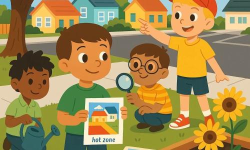 Four 5‑year‑old boys: Noah (short brown hair, green T‑shirt, blue shorts) stands center left holding a small colorful map and looking at his friends; Liam (blond hair, red cap and sneakers) stands right of Noah smiling and pointing toward the parking; Oliver (round glasses, yellow striped shirt) stands just behind Noah with a magnifying glass inspecting the warm ground; Ethan (messy black hair, light green polo) stands left of Noah holding a small blue watering can ready to water plants. Setting: a sunny neighborhood corner with a large shaded oak on the left, a wide gray parking area in the back right, and a small community garden in the front right with wooden beds, dark moist soil, sunflowers and young green shoots; light sidewalk and low colorful houses in the background under a blue sky with a few clouds. Main scene: the boys have a shaded picnic near the garden and are planning to plant seeds—sandwiches in reusable boxes on a blanket, hands holding a watering can and a map labeled "hot zones," visually contrasting the hot parking behind and the shaded green garden in front.