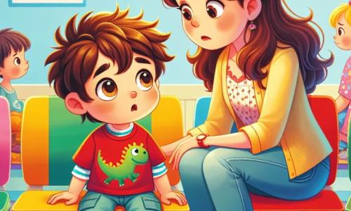 Un bambino di 4 anni, di nome Marco, con capelli castani arruffati e grandi occhi curiosi, guarda intorno a sé con un'espressione sia preoccupata che affascinata. Indossa una maglietta rossa con un dinosauro e un pantaloncino blu, seduto su una sedia colorata in una sala d'attesa. Accanto a lui, sua madre, una donna sulla trentina con capelli lunghi e castani, lo guarda con un sorriso rassicurante, vestita con una blusa leggera e jeans. È inginocchiata alla sua altezza, tenendogli la mano per sostenerlo. La sala d'attesa è luminosa, con pareti dipinte di giallo pastello, disegni di animali appesi ovunque e un angolo giochi pieno di giocattoli colorati e libri illustrati. In questa scena, Marco attende ansiosamente il suo turno per vedere il dottore, circondato da altri bambini che giocano, ma si sente un po' perso in questo ambiente nuovo e sconosciuto.
